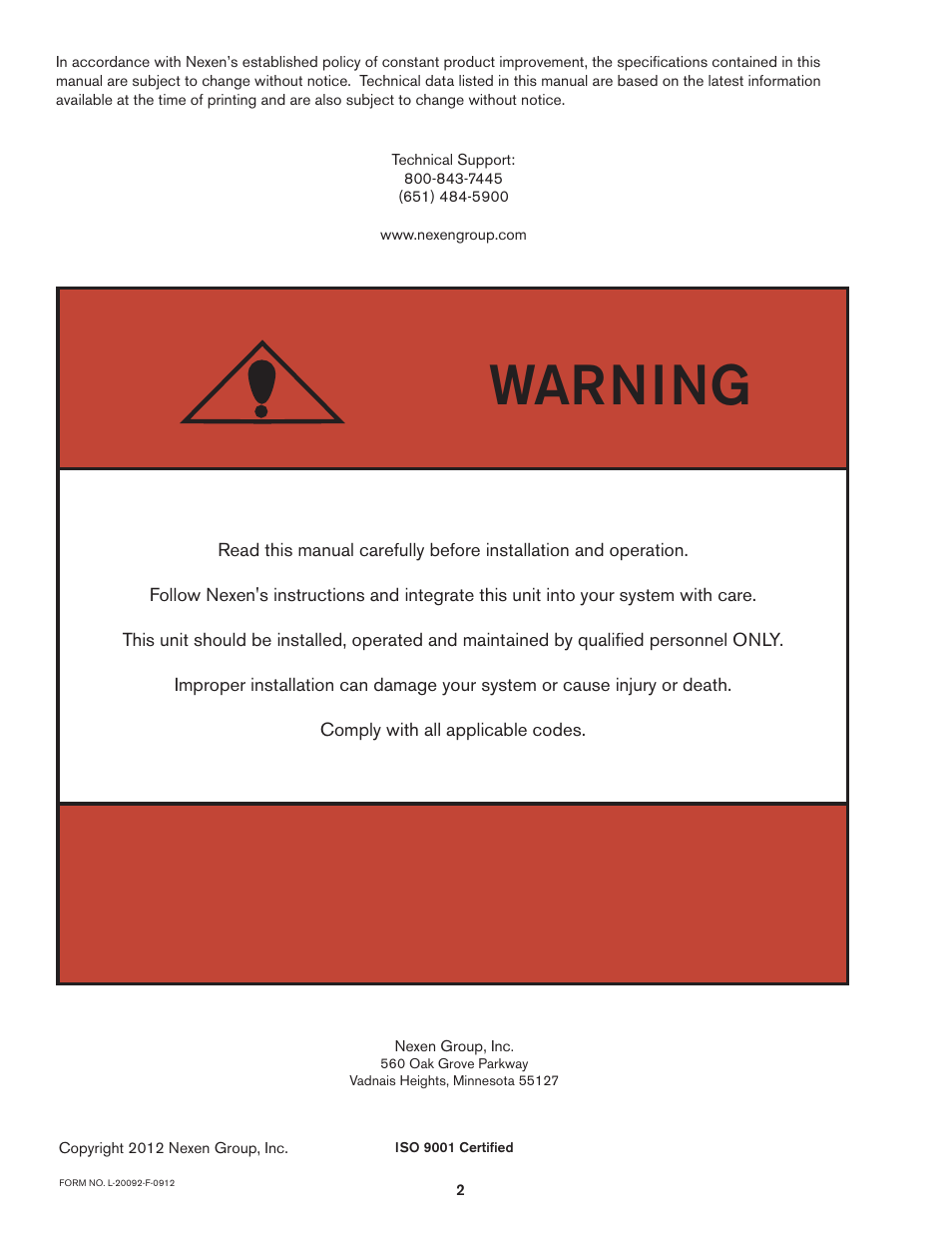 Warning | Nexen S-1200 822516 User Manual | Page 2 / 6