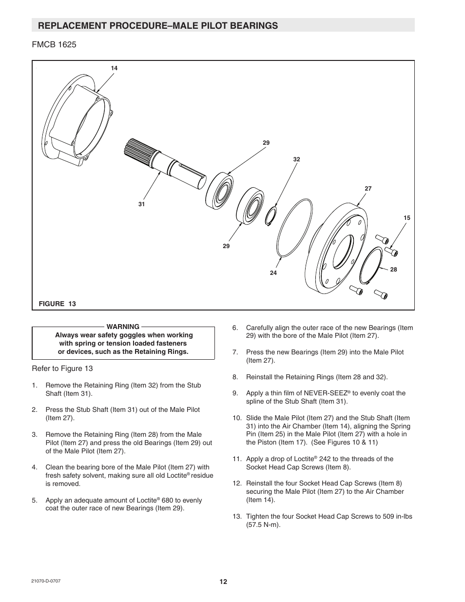 Replacement procedure–male pilot bearings, Fmcb 1625 | Nexen 1625 Input Unit 936001 User Manual | Page 12 / 16