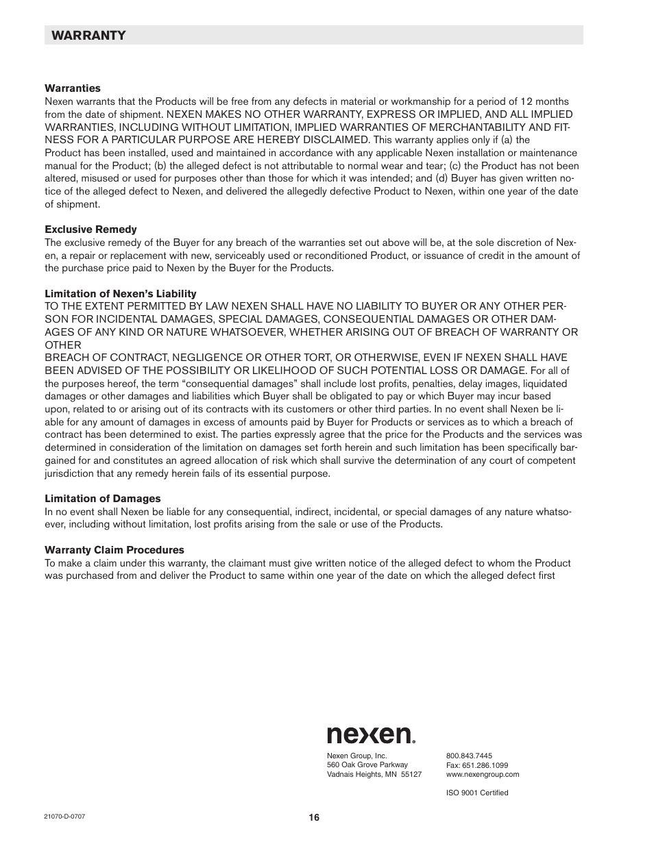Warranty | Nexen 1625 Input Unit 936001 User Manual | Page 16 / 16