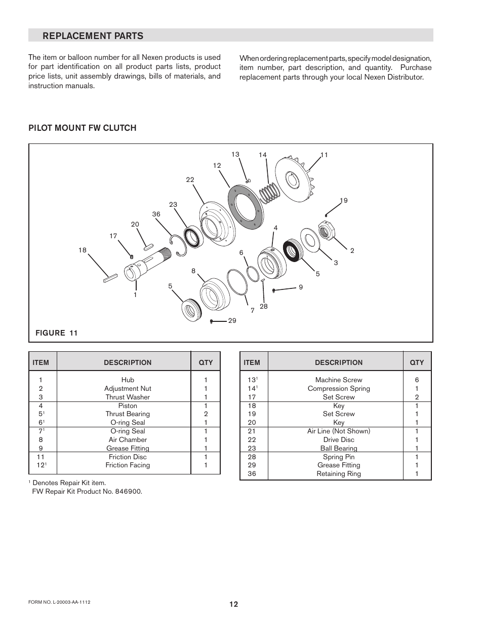 Replacement parts | Nexen F-450 802700 User Manual | Page 12 / 18