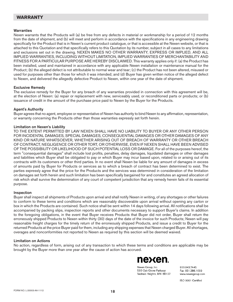 Nexen F-450 802700 User Manual | Page 18 / 18