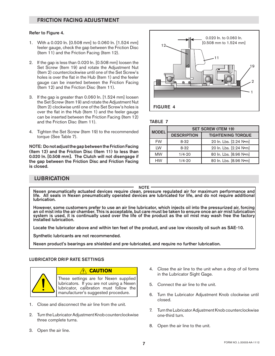 Friction facing adjustment, Lubrication | Nexen F-450 802700 User Manual | Page 7 / 18