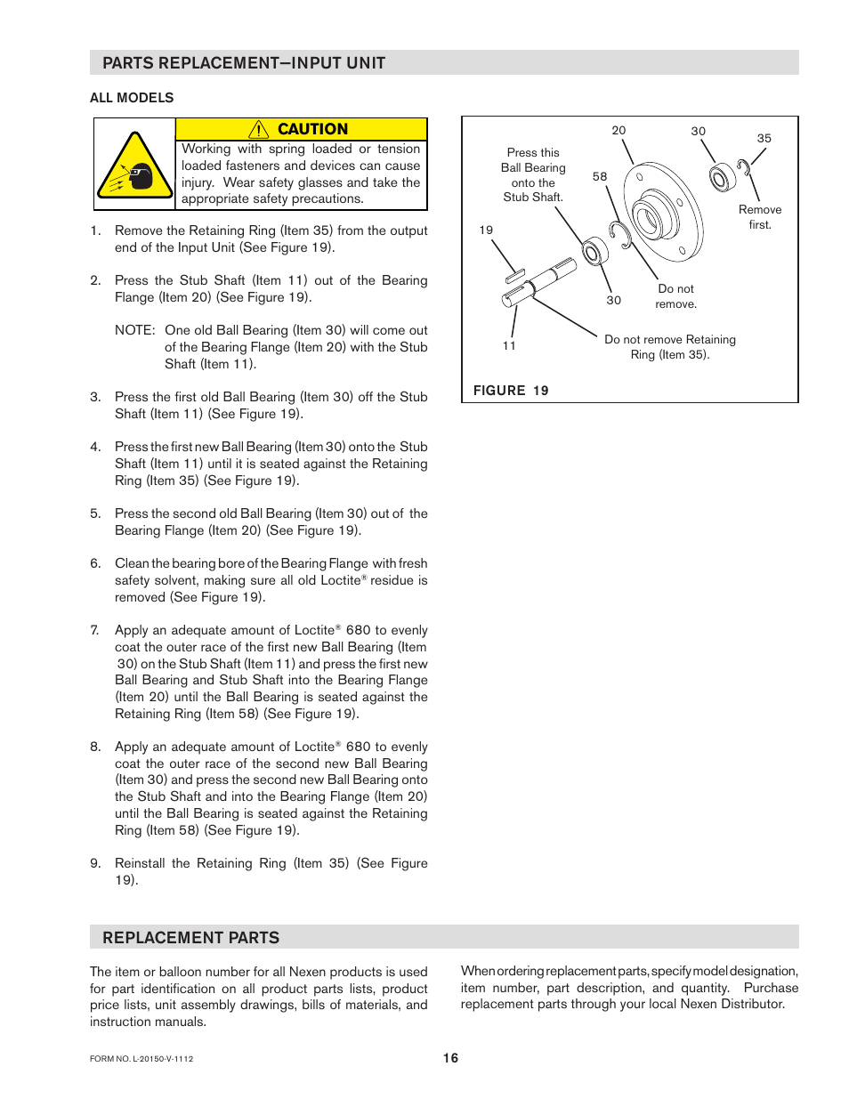 Replacement parts, Parts replacement—input unit | Nexen FMCBE-875 801428 User Manual | Page 16 / 22