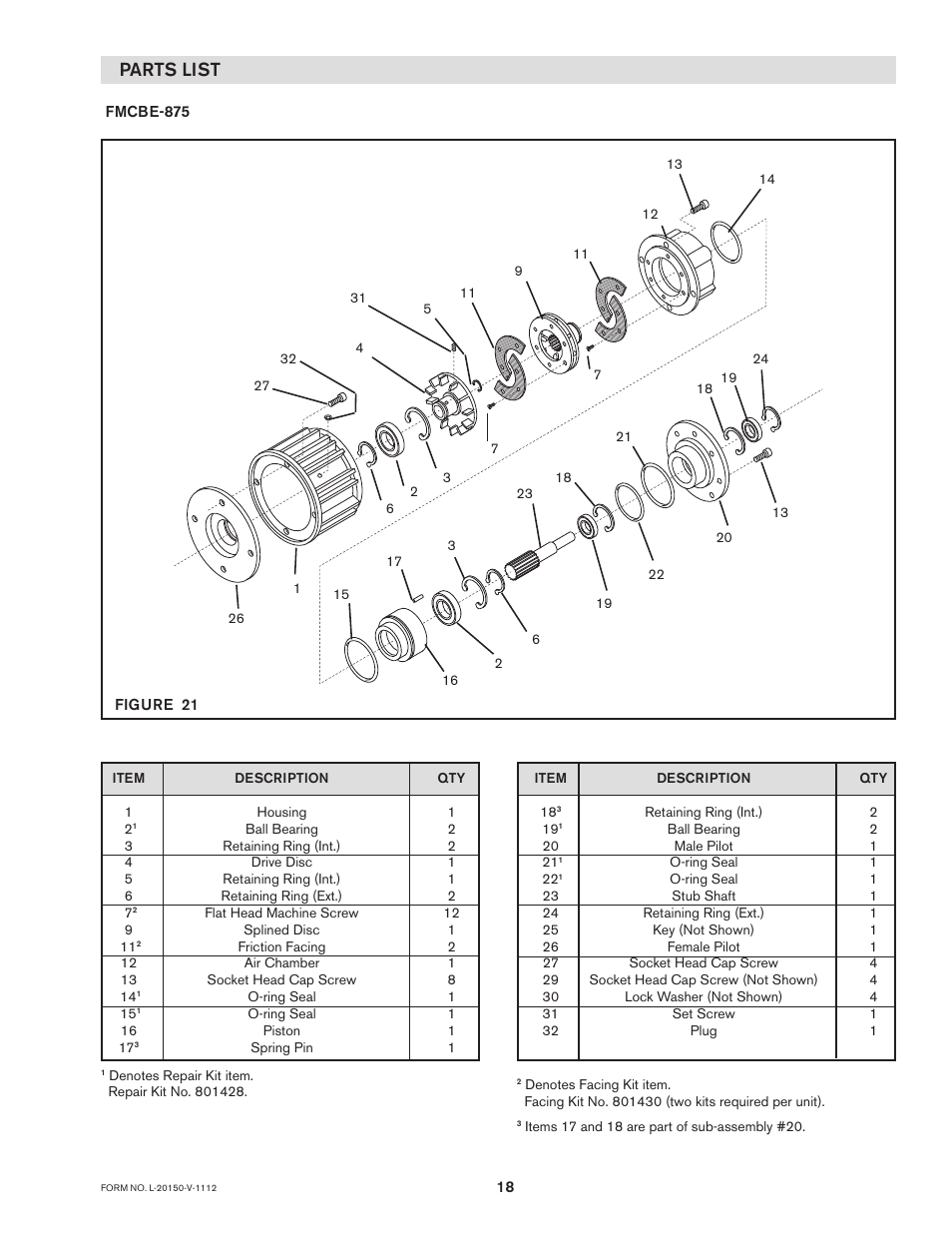 Parts list | Nexen FMCBE-875 801428 User Manual | Page 18 / 22
