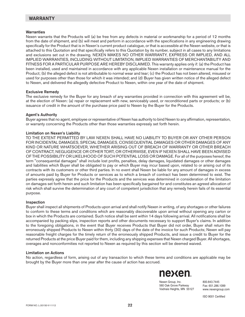 Warranty | Nexen FMCBE-875 801428 User Manual | Page 22 / 22