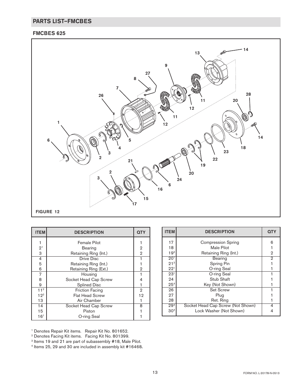 Parts list–fmcbes, Fmcbes 625 | Nexen FMCBES-625 801652 User Manual | Page 13 / 18