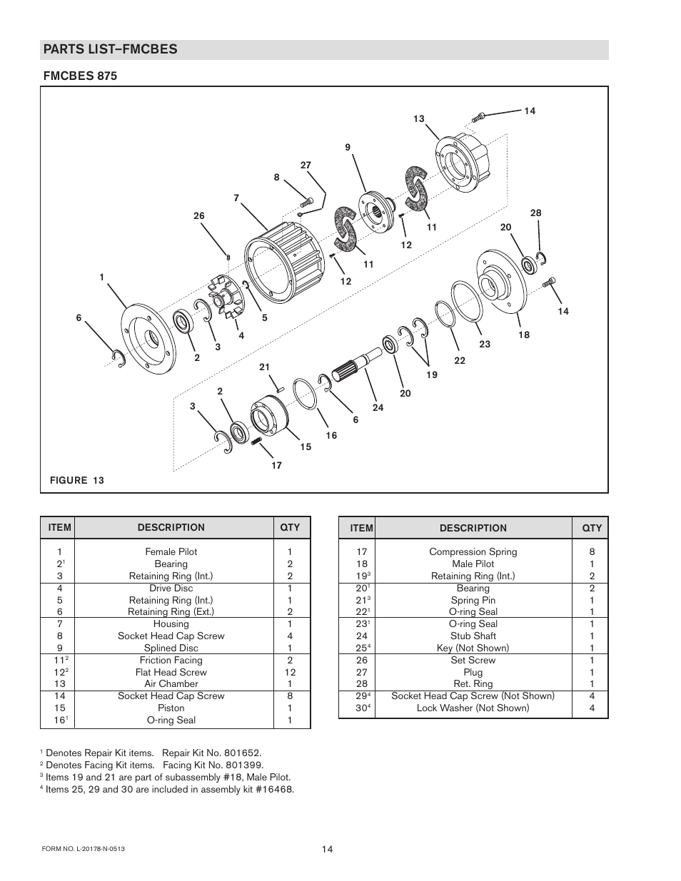 Parts list–fmcbes, Fmcbes 875 | Nexen FMCBES-625 801652 User Manual | Page 14 / 18