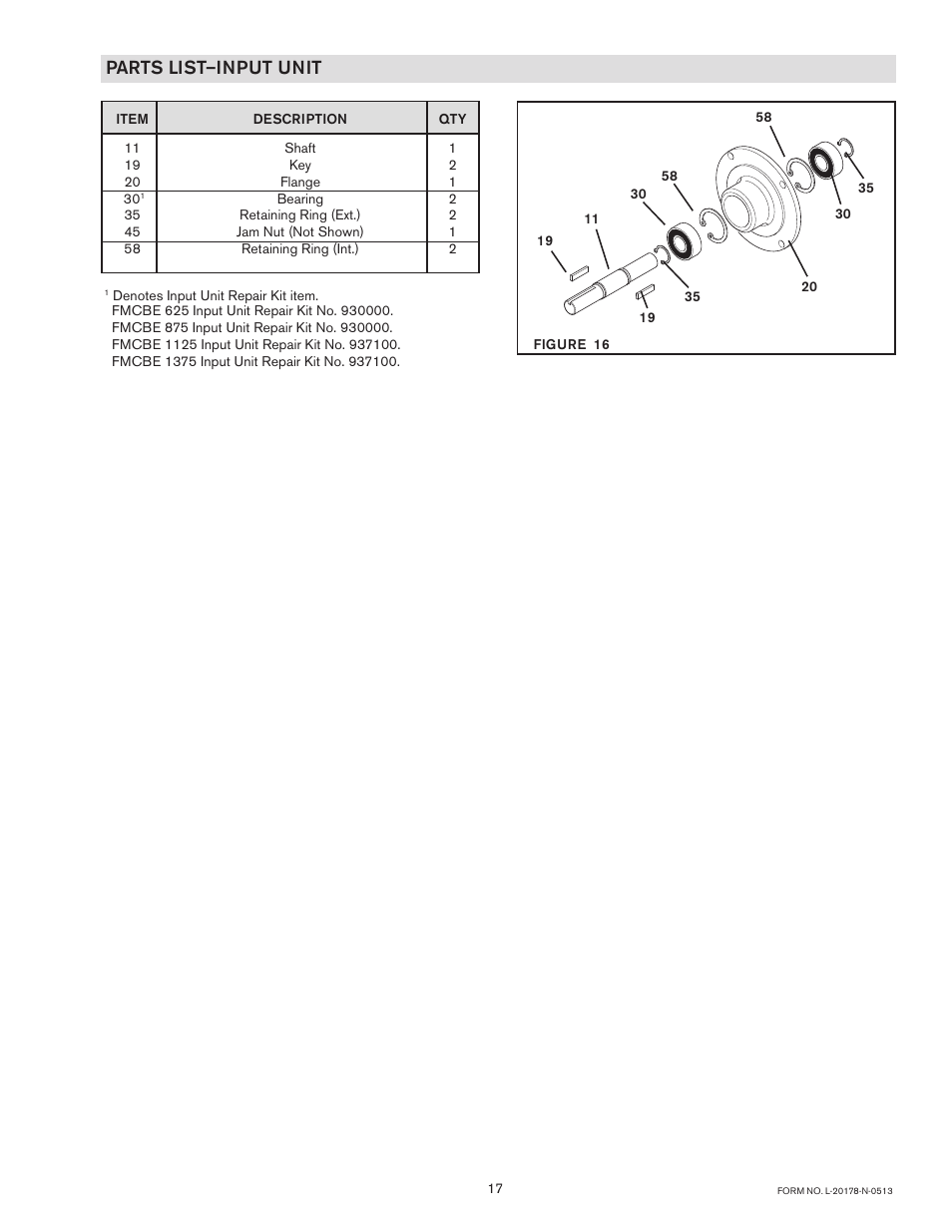 Parts list –input unit | Nexen FMCBES-625 801652 User Manual | Page 17 / 18