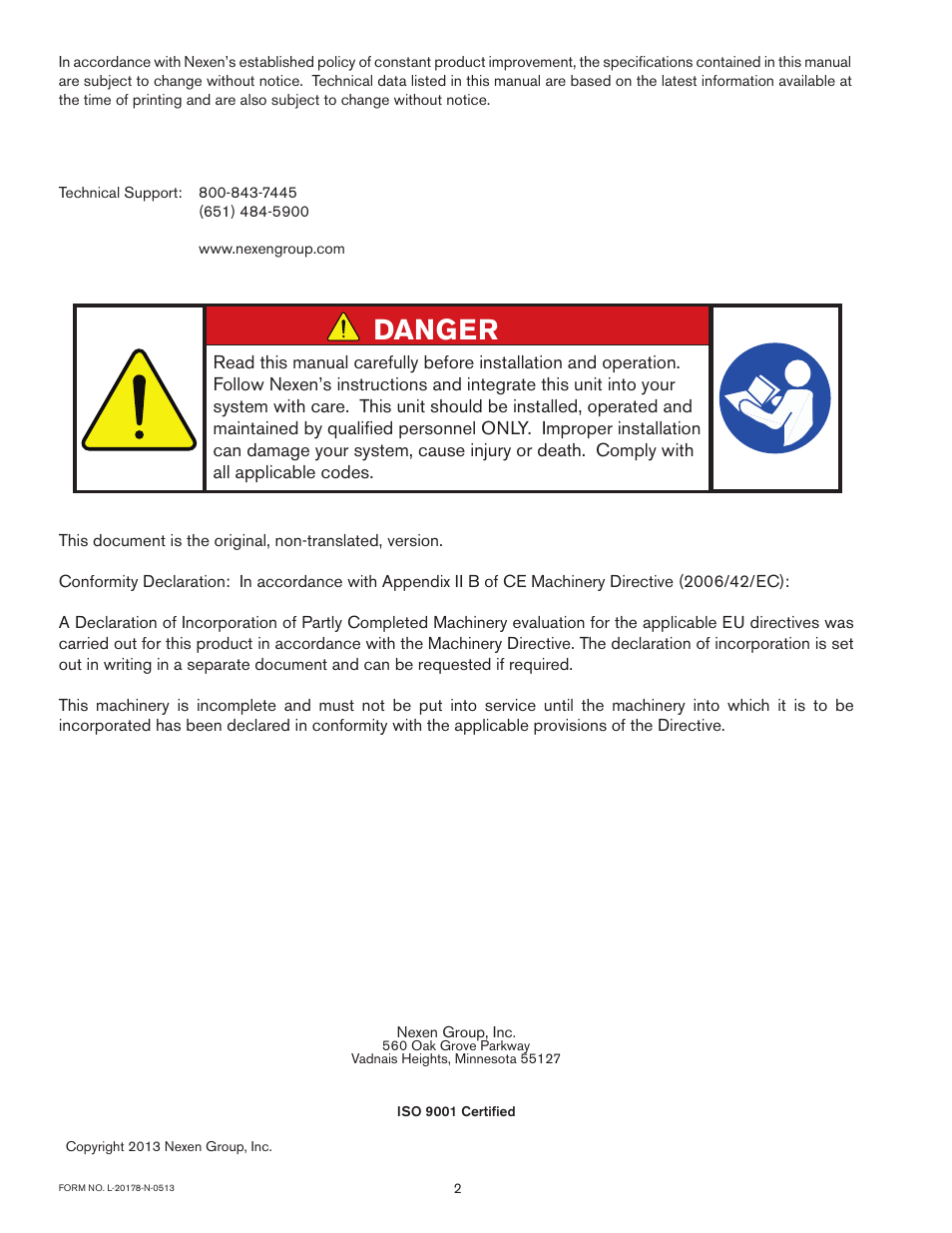Danger | Nexen FMCBES-625 801652 User Manual | Page 2 / 18