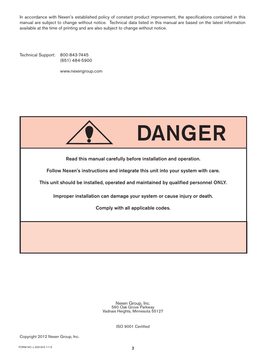 Danger | Nexen OPS-625 801692 User Manual | Page 2 / 21