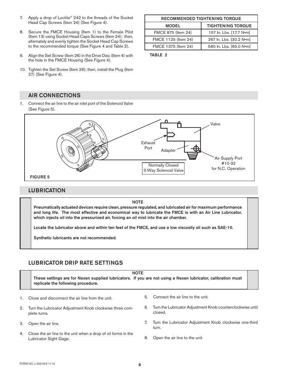 Air connections lubrication, Lubricator drip rate settings | Nexen OPS-625 801692 User Manual | Page 6 / 21