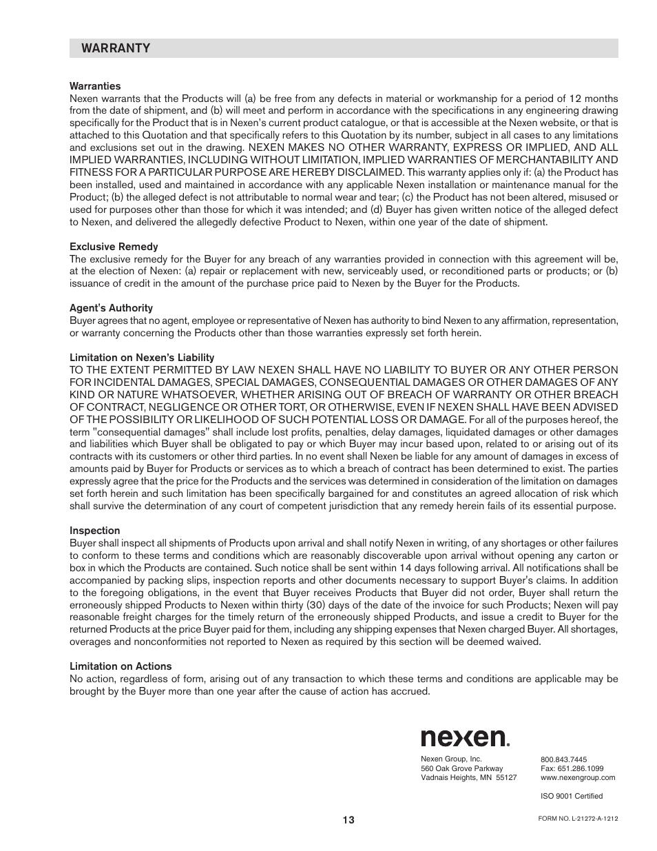 Warranty | Nexen FMBS-1375 801981 User Manual | Page 13 / 13