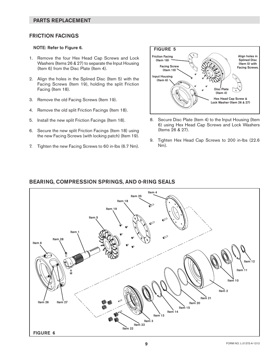 Parts replacement friction facings, Bearing, compression springs, and 0-ring seals | Nexen FMBS-1375 801981 User Manual | Page 9 / 13