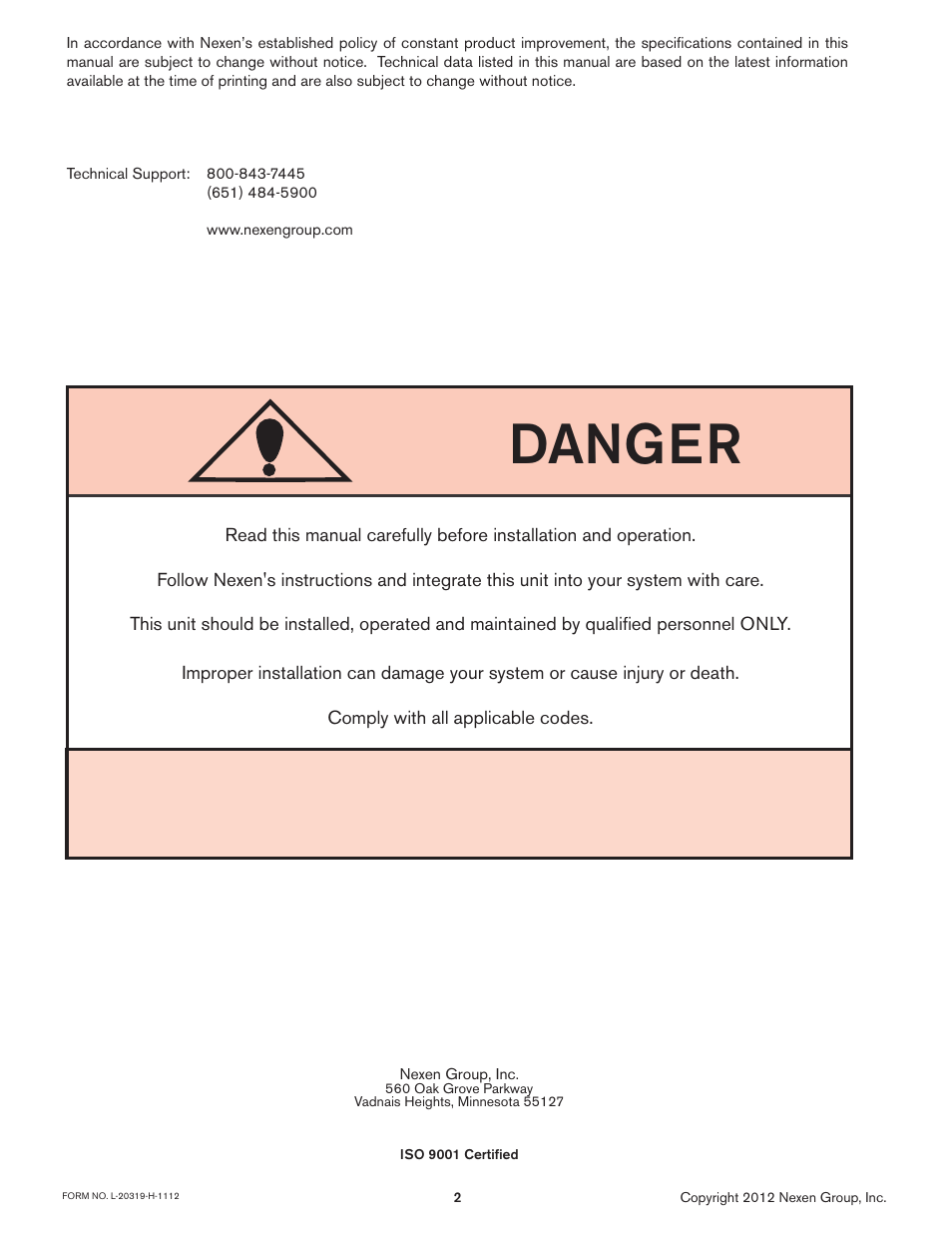 Danger | Nexen FMCE 625 801683 User Manual | Page 2 / 17
