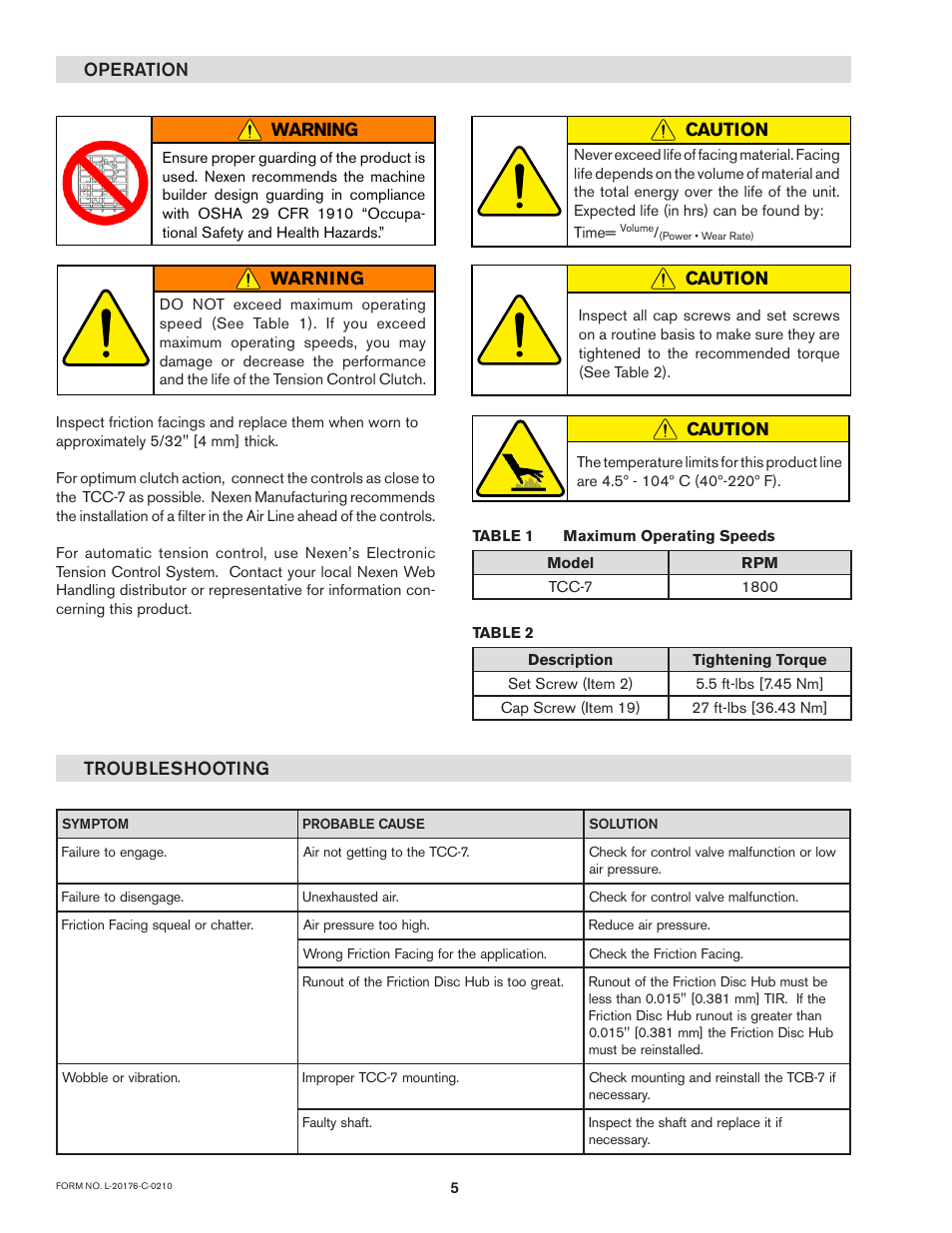 Operation troubleshooting, Caution, Warning | Nexen TCC-7 835197 User Manual | Page 8 / 13