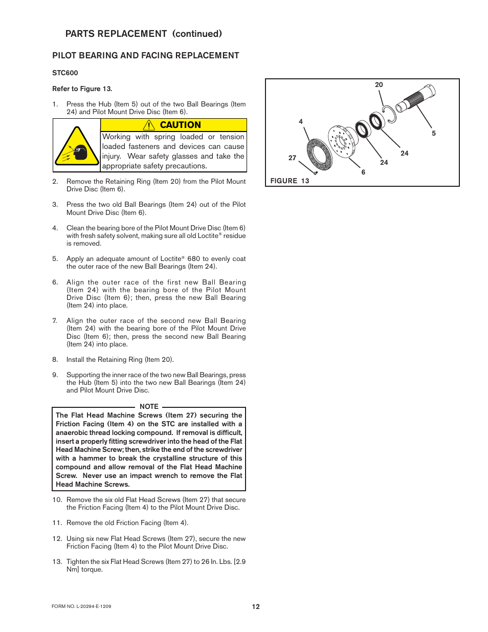 Caution, Parts replacement (continued) | Nexen STC600 927270 User Manual | Page 12 / 17