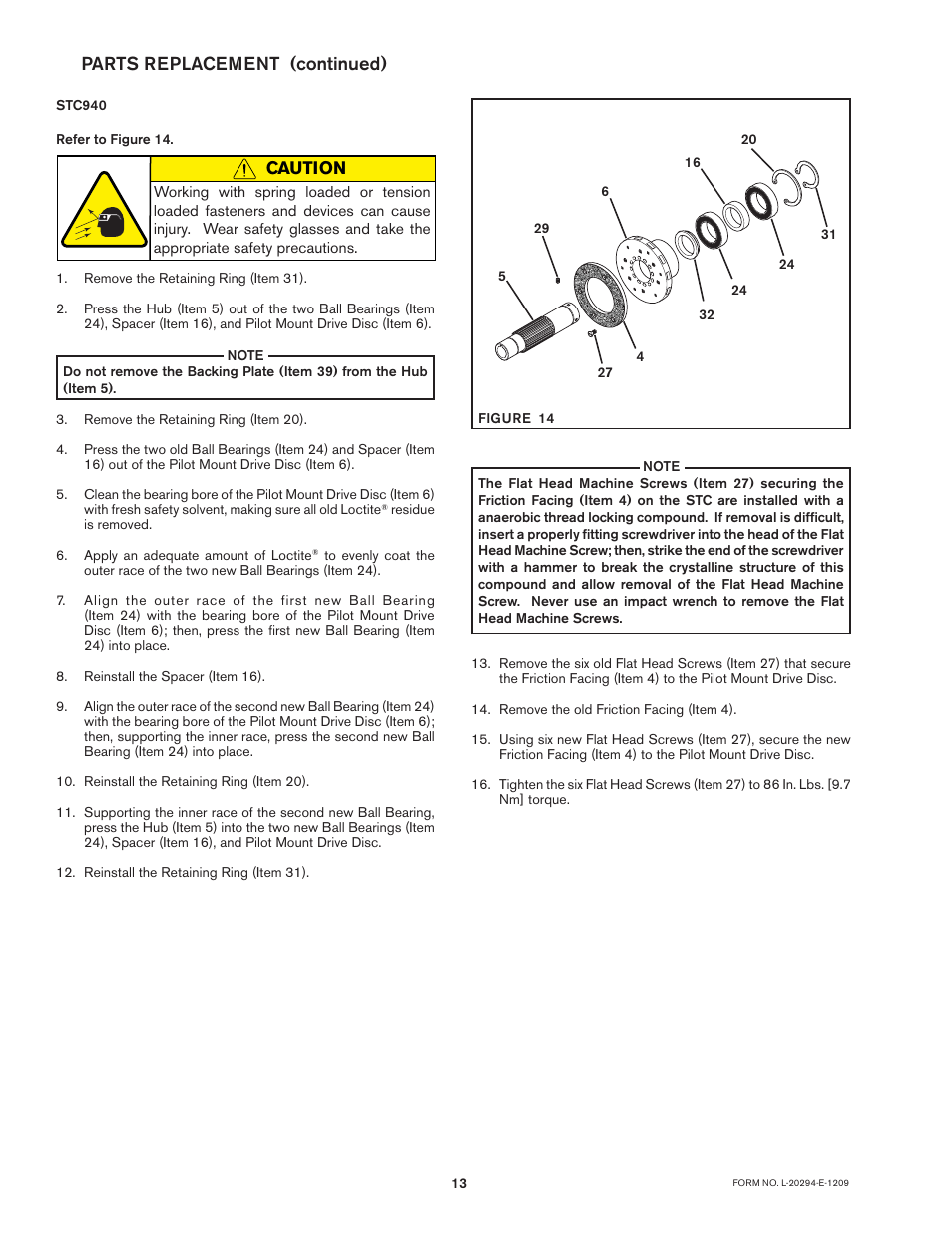 Caution, Parts replacement (continued) | Nexen STC600 927270 User Manual | Page 13 / 17