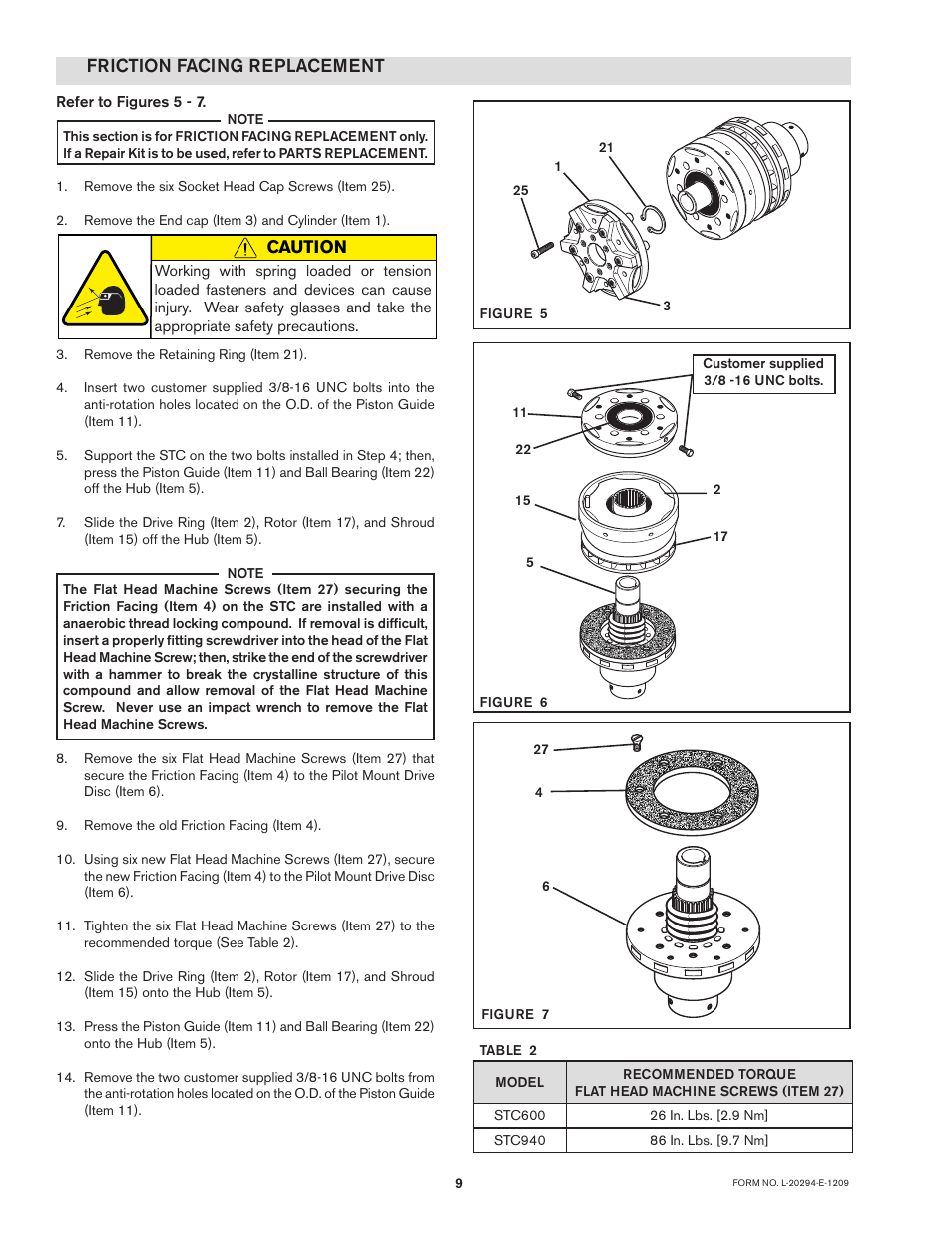 Friction facing replacement, Caution | Nexen STC600 927270 User Manual | Page 9 / 17