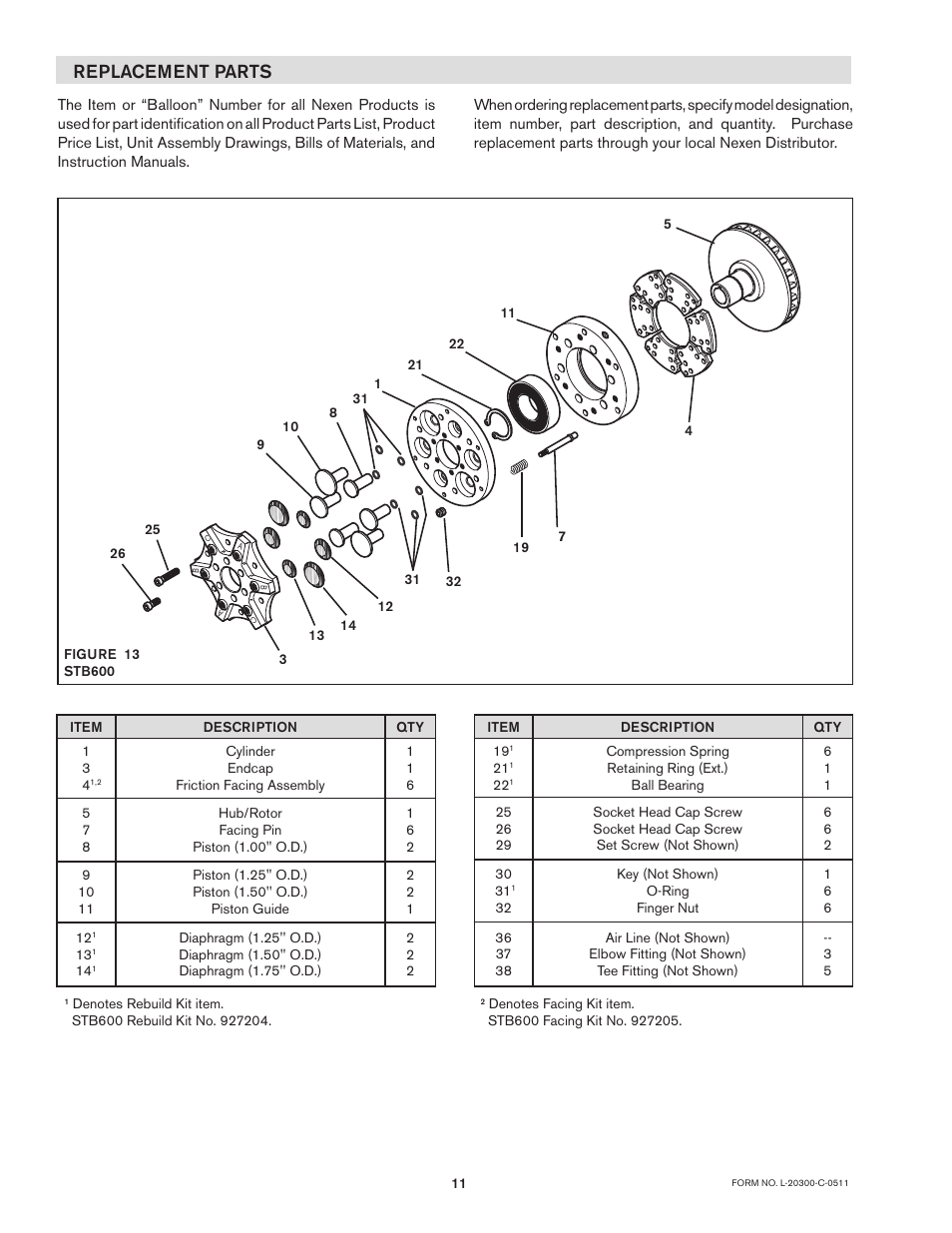 Replacement parts | Nexen STB600 927239 User Manual | Page 11 / 13