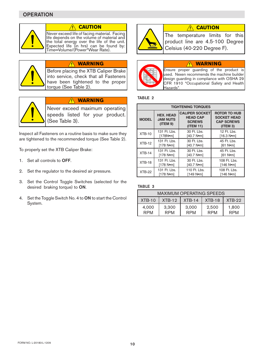 Operation, Caution, Warning | Nexen XTB 10-18 Dual Disc Caliper 835500 User Manual | Page 10 / 17