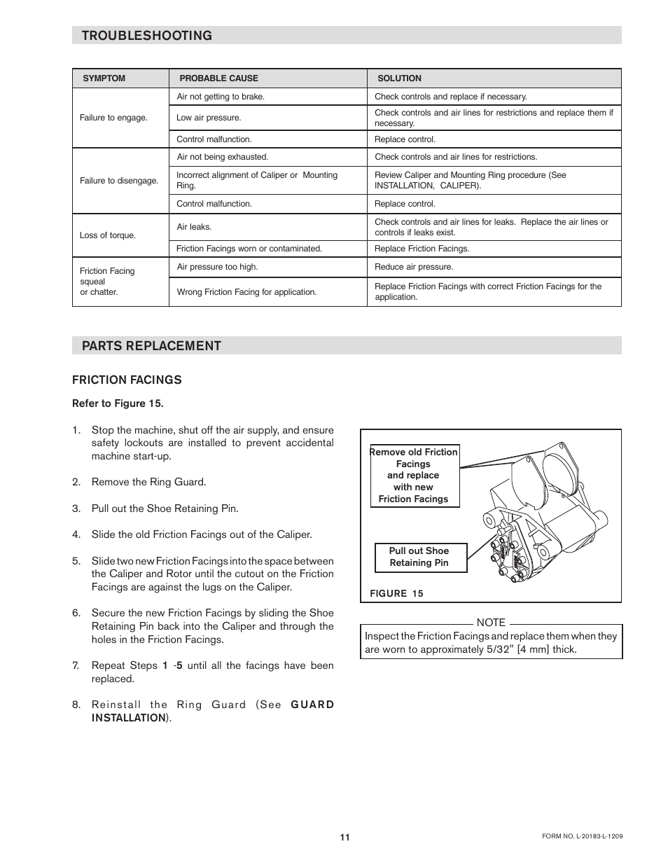 Troubleshooting parts replacement, Friction facings | Nexen XTB 10-18 Dual Disc Caliper 835500 User Manual | Page 11 / 17