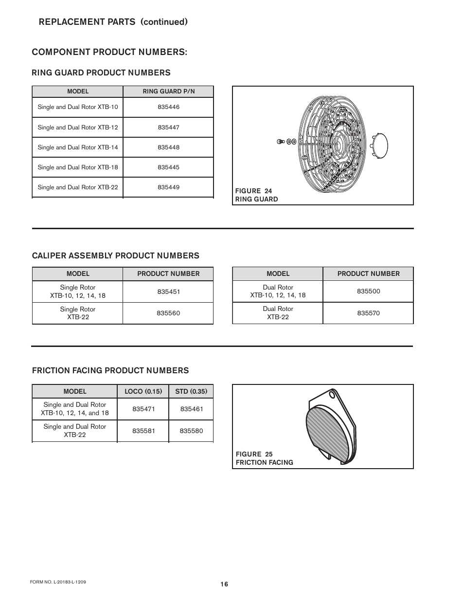 Replacement parts (continued), Component product numbers, Caliper assembly product numbers | Friction facing product numbers, Ring guard product numbers | Nexen XTB 10-18 Dual Disc Caliper 835500 User Manual | Page 16 / 17