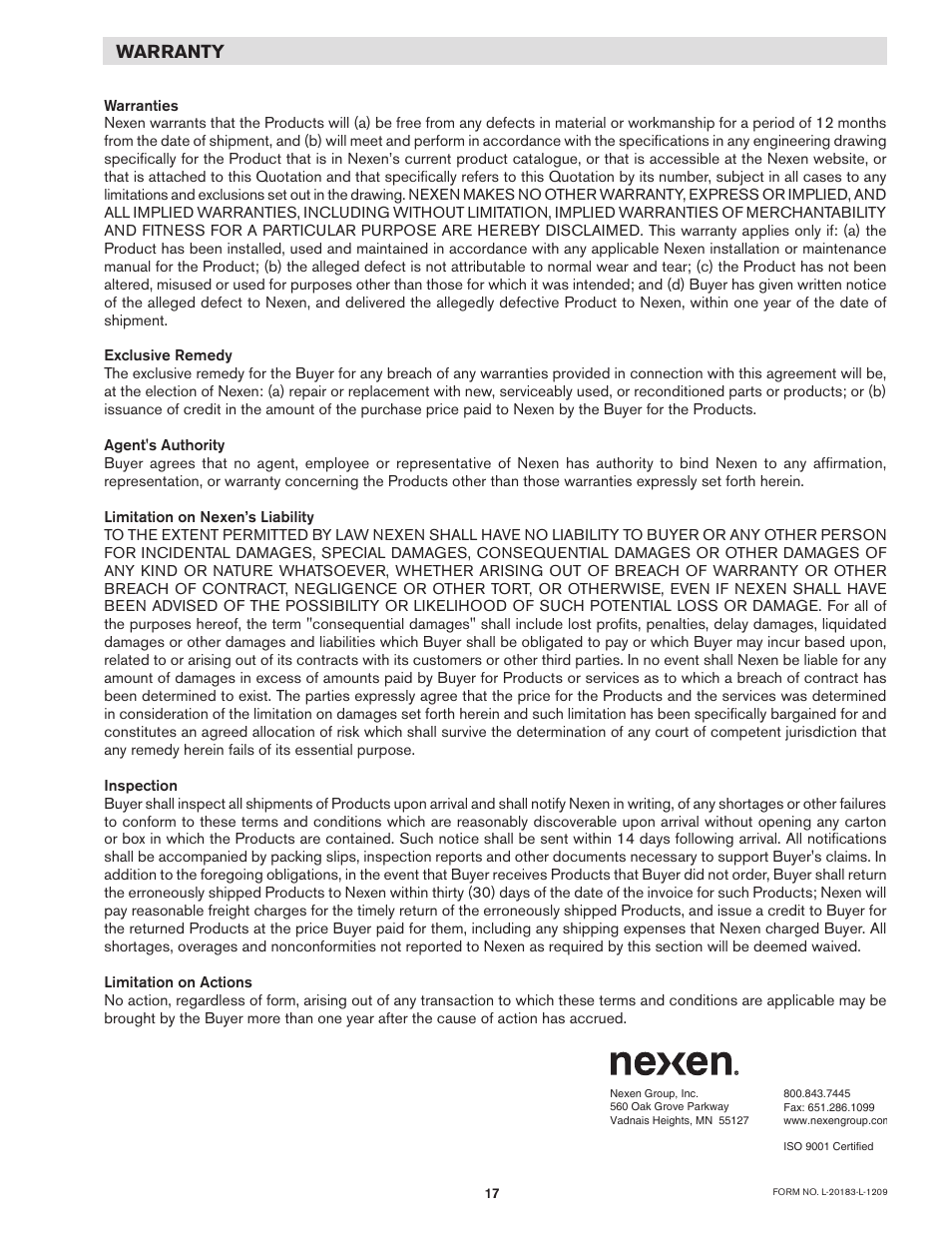 Warranty | Nexen XTB 10-18 Dual Disc Caliper 835500 User Manual | Page 17 / 17