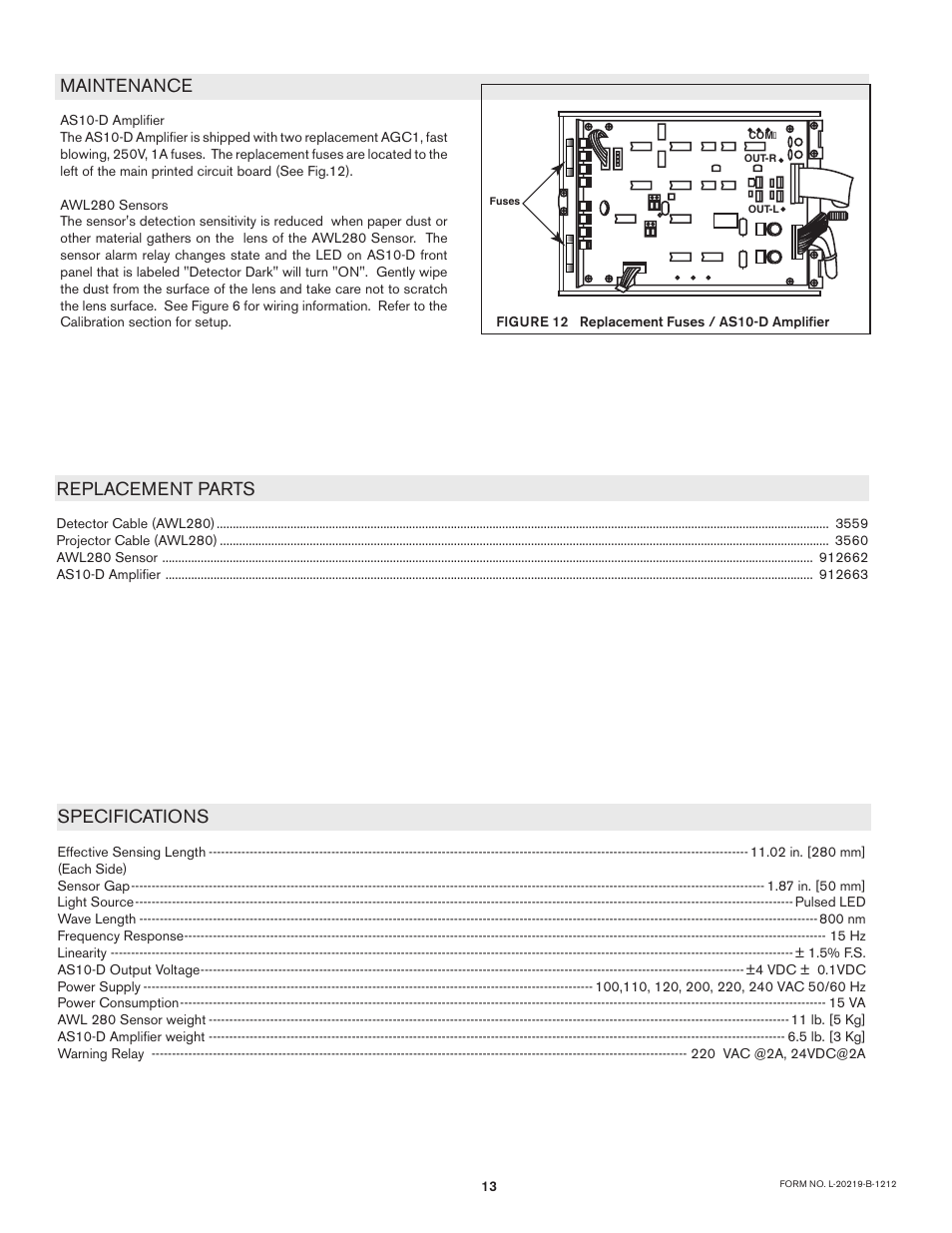 Maintenance, Replacement parts, Specifications | Nexen AWL 280 912662 User Manual | Page 13 / 14
