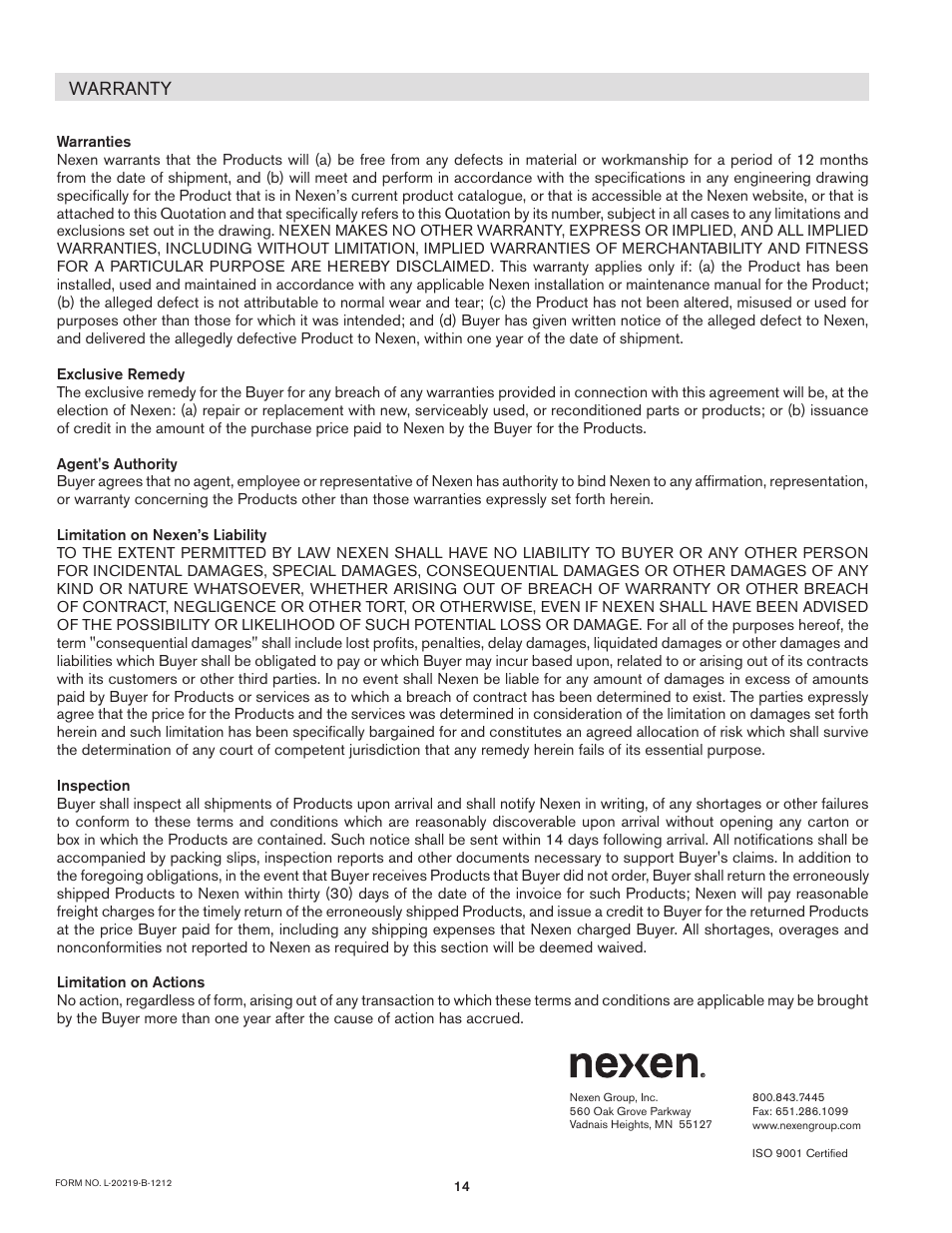 Nexen AWL 280 912662 User Manual | Page 14 / 14