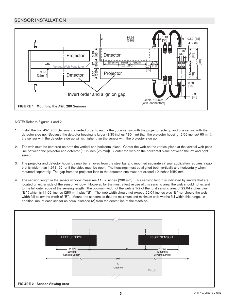 Sensor installation, Projector | Nexen AWL 280 912662 User Manual | Page 5 / 14