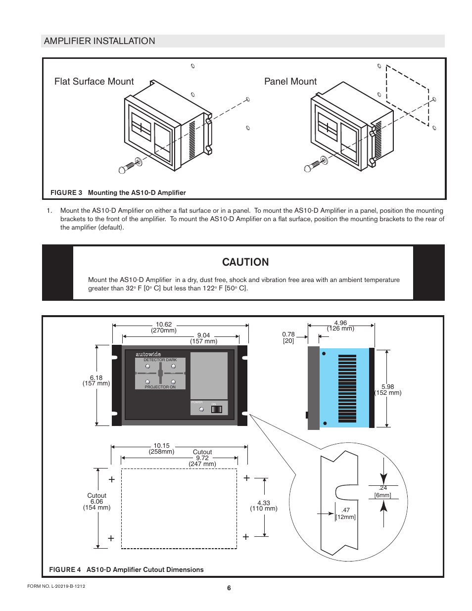 Caution, Flat surface mount panel mount, Amplifier installation | Nexen AWL 280 912662 User Manual | Page 6 / 14