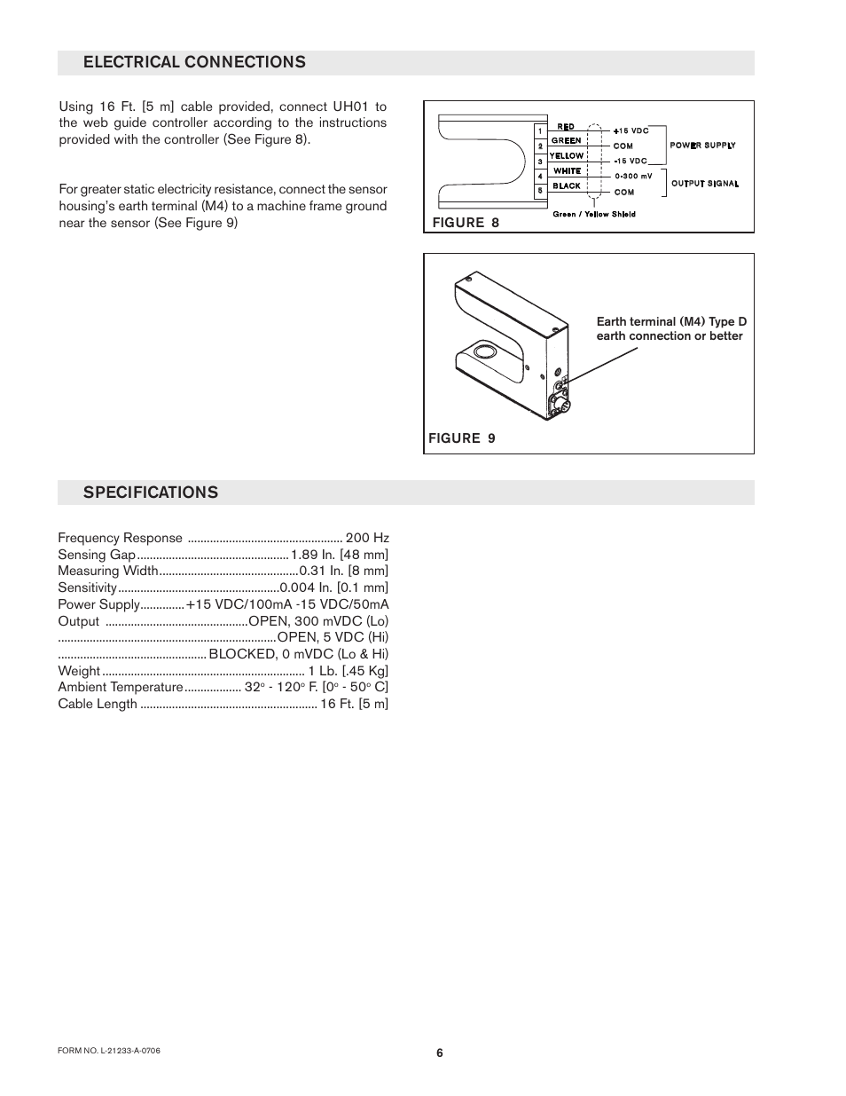 Electrical connections, Specifications, F. [0 | C] cable length ft. [5 m] figure 9 | Nexen UH 01 912153 User Manual | Page 6 / 7