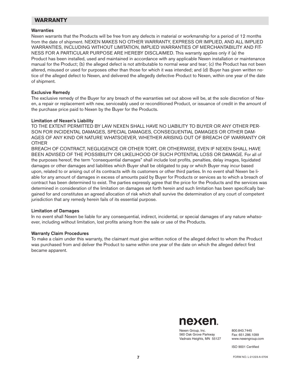 Warranty | Nexen UH 01 912153 User Manual | Page 7 / 7