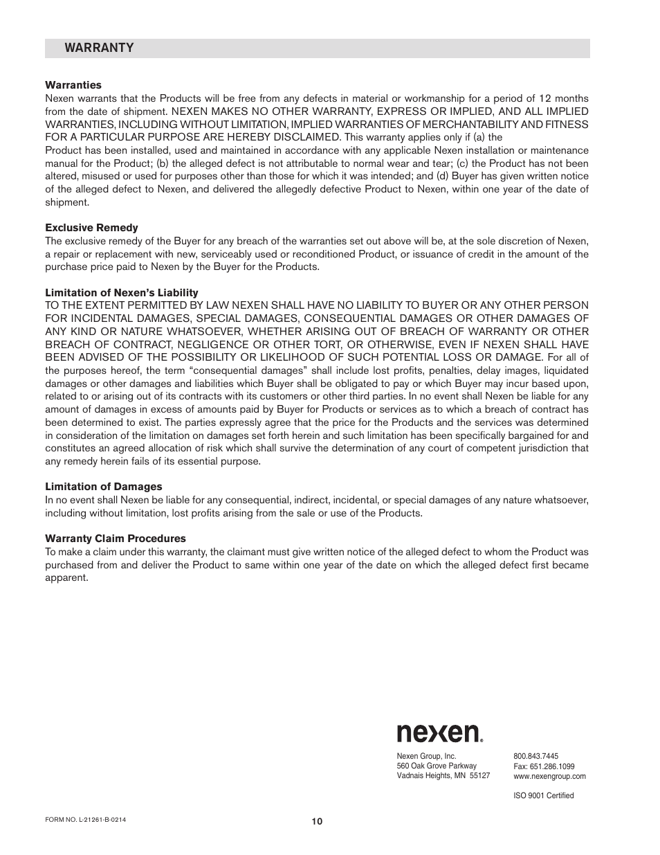 Warranty | Nexen DPS60 964518 User Manual | Page 10 / 10