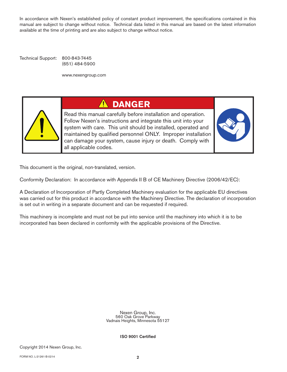 Danger | Nexen DPS60 964518 User Manual | Page 2 / 10