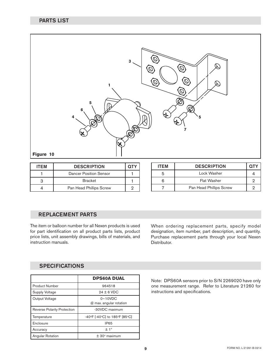 Parts list, Replacement parts, Specifications | Nexen DPS60 964518 User Manual | Page 9 / 10