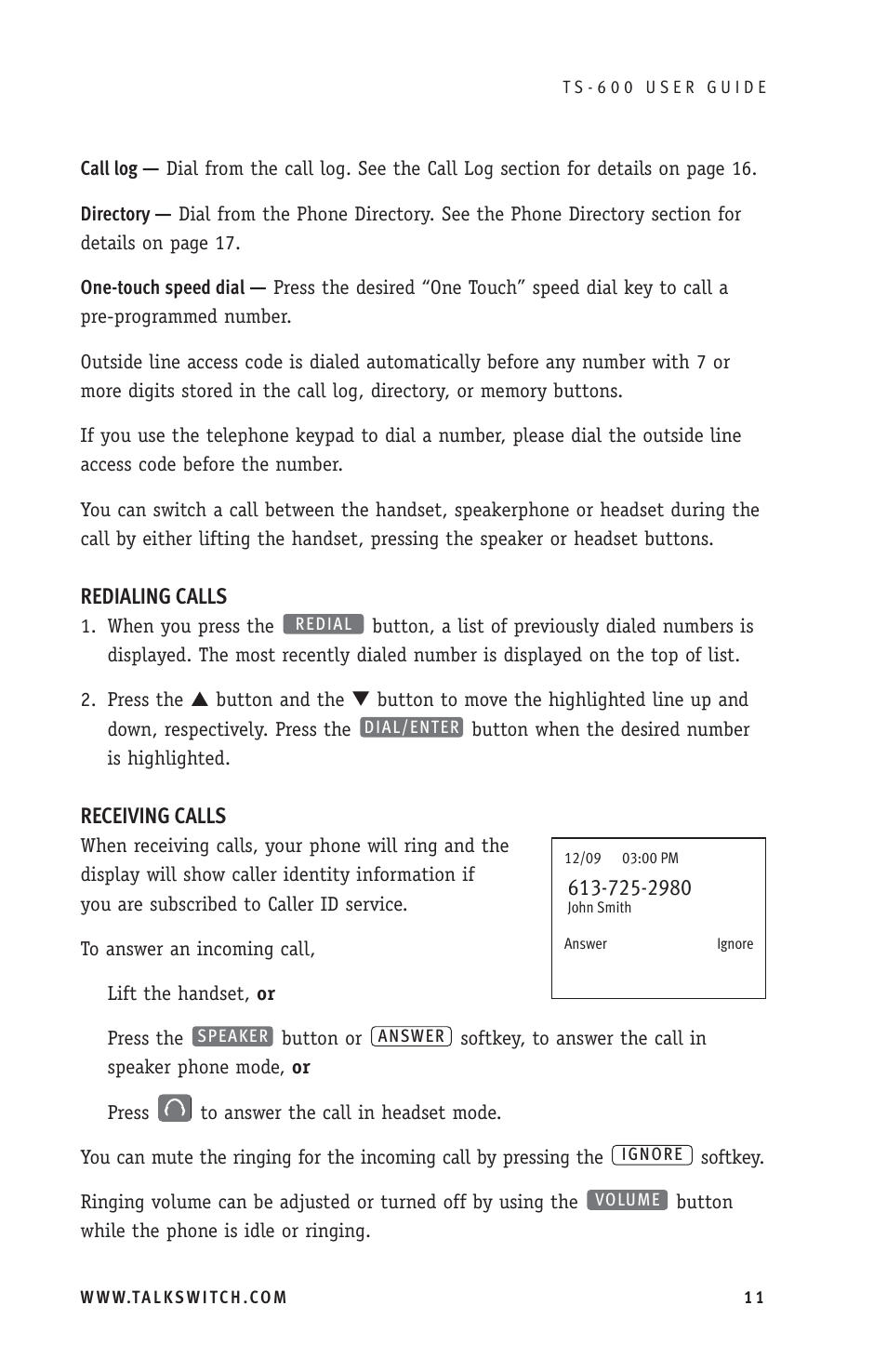 Redialing calls, Receiving calls | Talkswitch TS-600 User Manual | Page 15 / 30