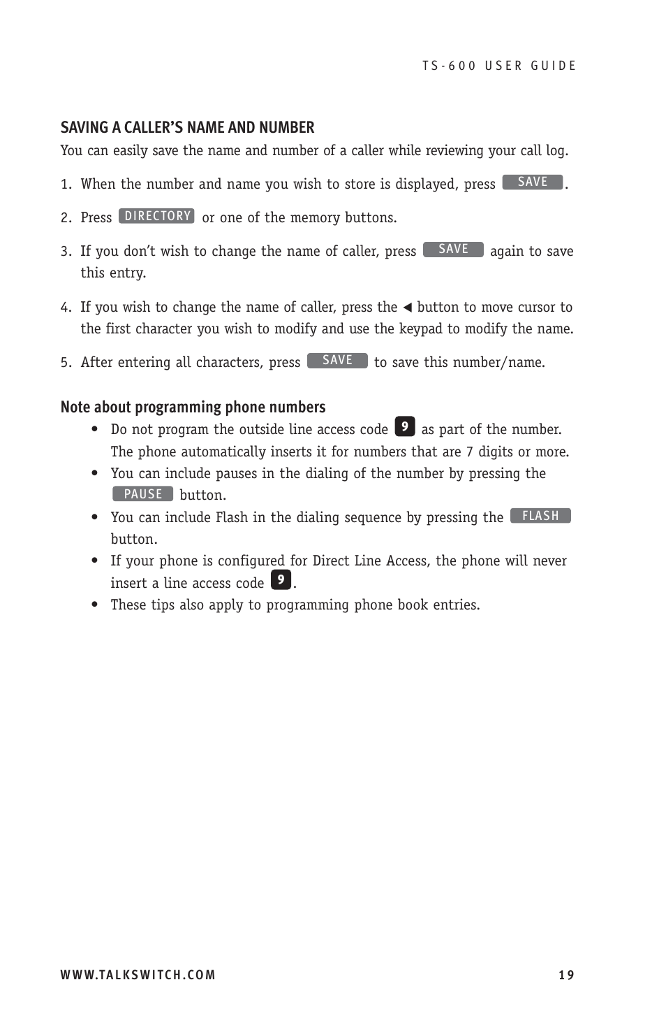 Saving a caller’s name and number | Talkswitch TS-600 User Manual | Page 23 / 30