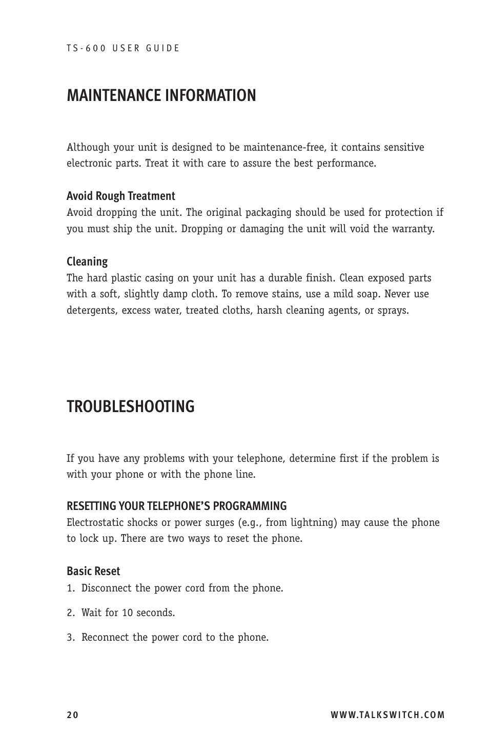 Maintenance information, Troubleshooting | Talkswitch TS-600 User Manual | Page 24 / 30