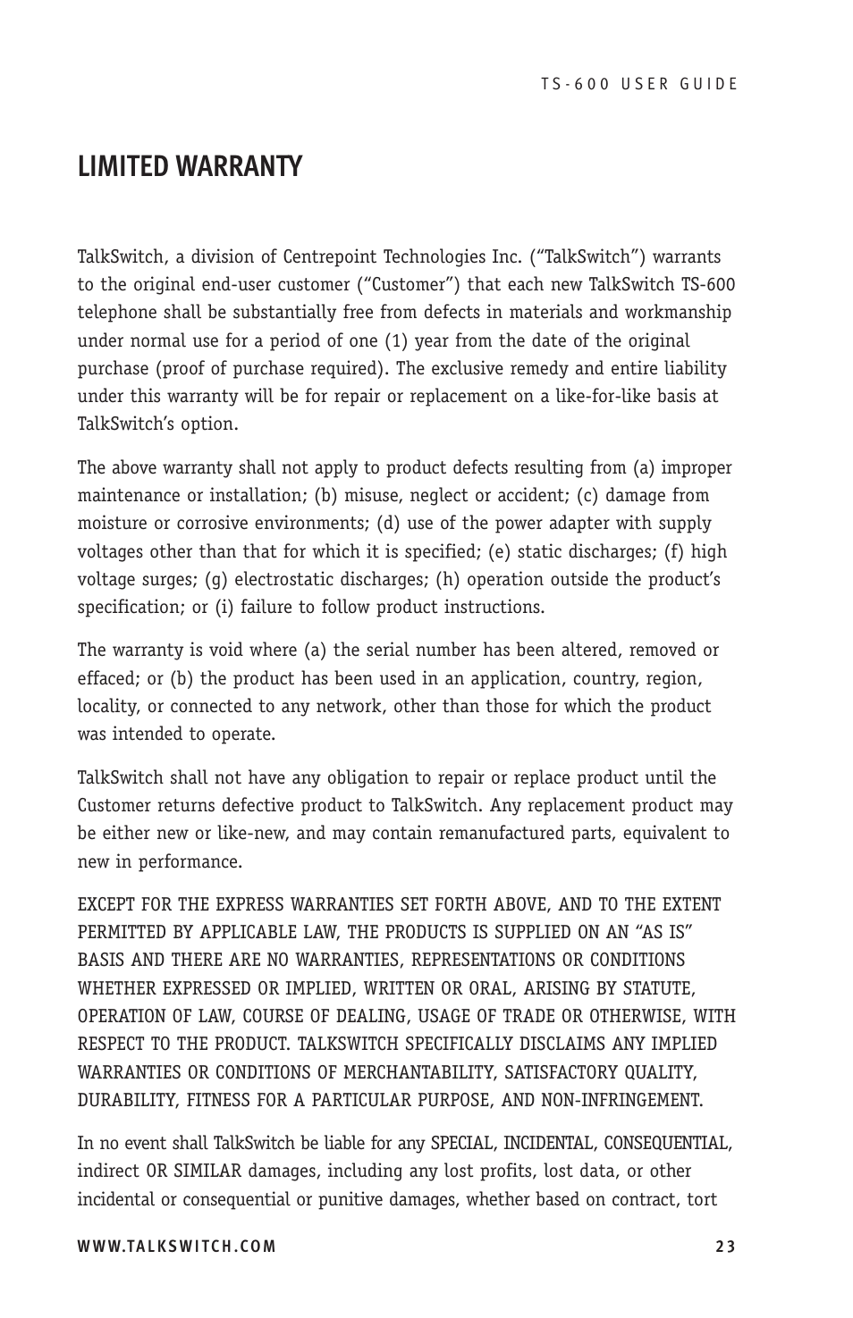 Limited warranty | Talkswitch TS-600 User Manual | Page 27 / 30
