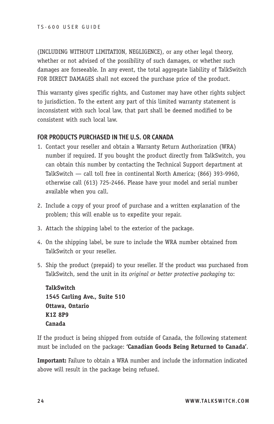 Talkswitch TS-600 User Manual | Page 28 / 30