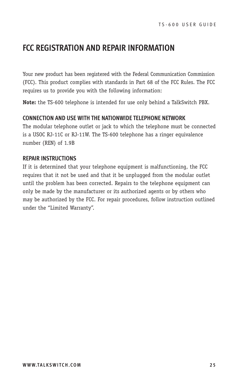 Fcc registration and repair information | Talkswitch TS-600 User Manual | Page 29 / 30