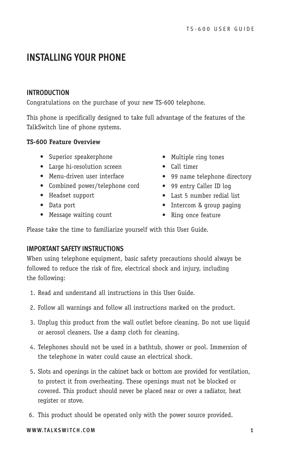 Installing your phone | Talkswitch TS-600 User Manual | Page 5 / 30