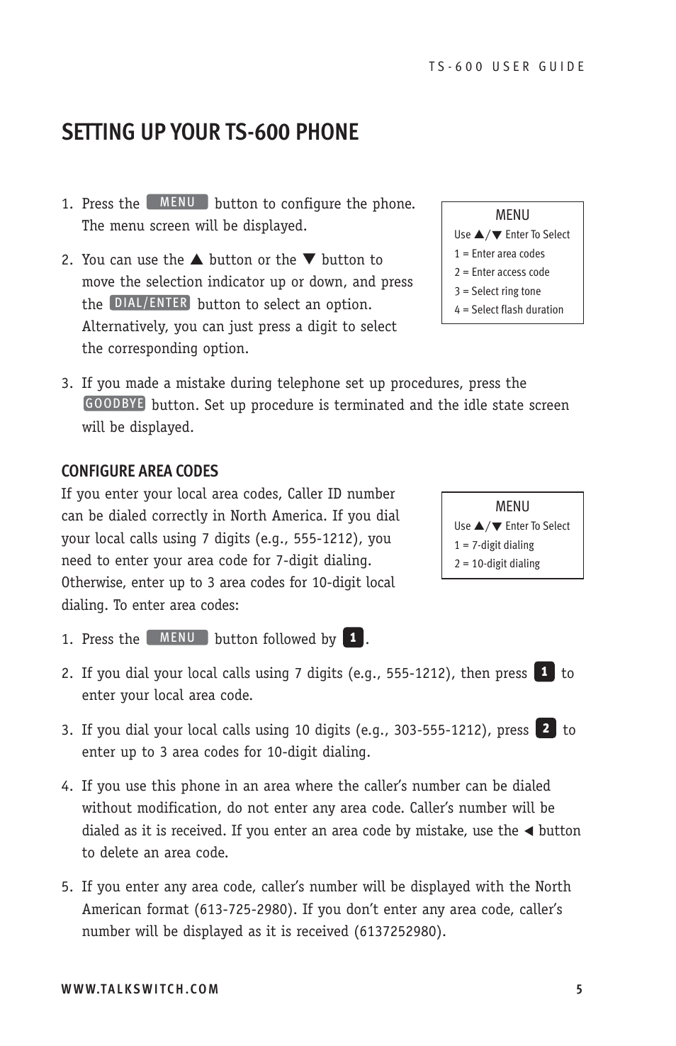 Setting up your ts-600 phone, Configure area codes | Talkswitch TS-600 User Manual | Page 9 / 30