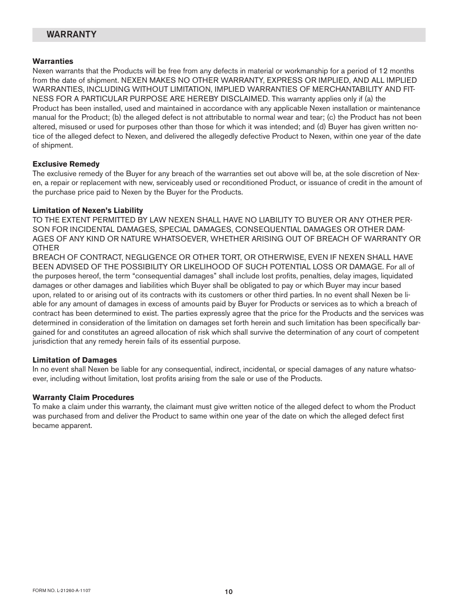 Warranty | Nexen DPS30 964517 User Manual | Page 10 / 10