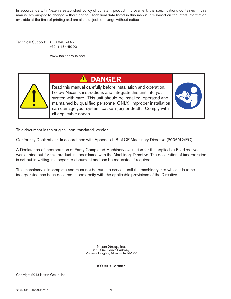 Danger | Nexen SW100 803354 User Manual | Page 2 / 11