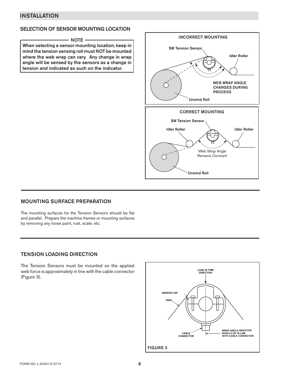 Installation, Selection of sensor mounting location, Mounting surface preparation | Tension loading direction | Nexen SW100 803354 User Manual | Page 6 / 11