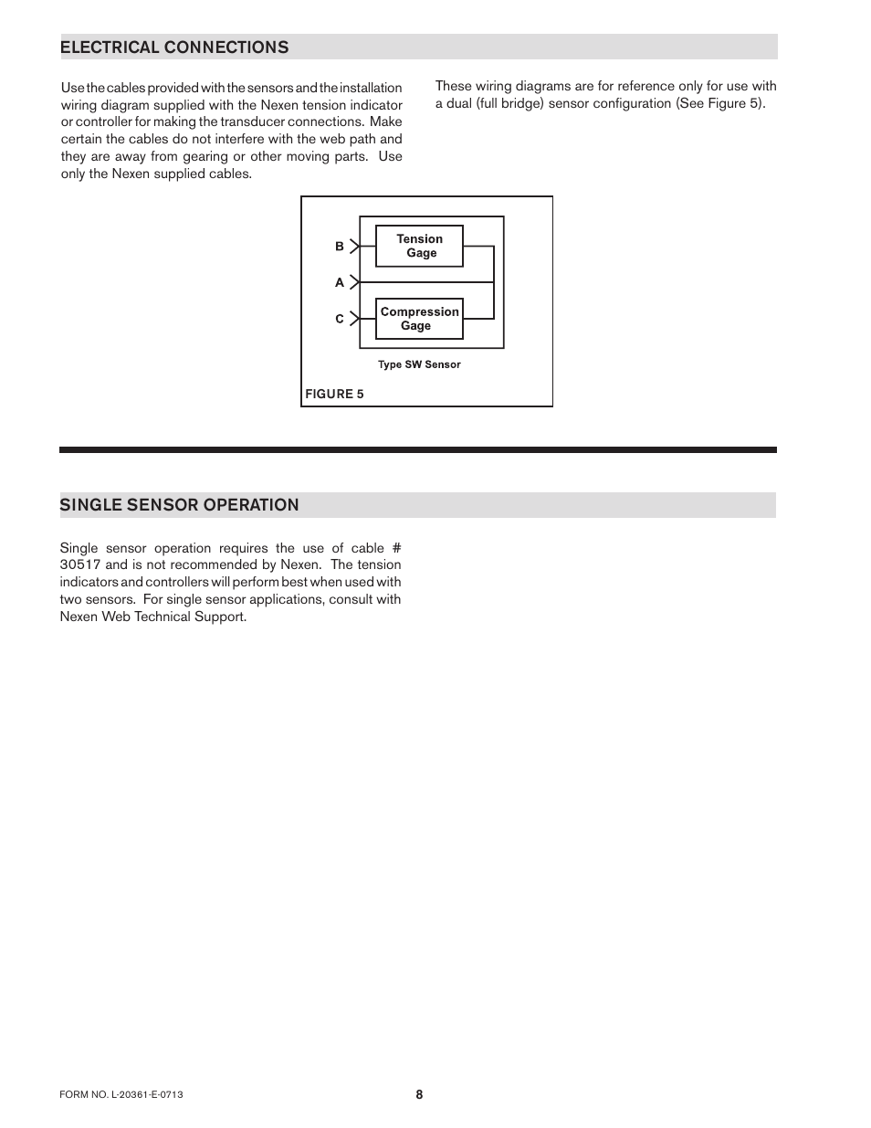 Electrical connections, Single sensor operation | Nexen SW100 803354 User Manual | Page 8 / 11