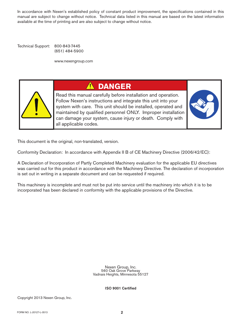 Danger | Nexen MB25B 911996 User Manual | Page 2 / 13