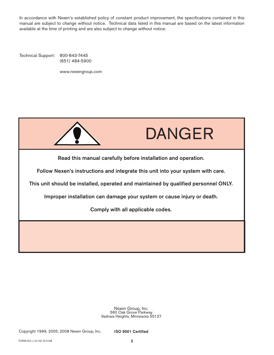 Danger | Nexen RSD200 964531 User Manual | Page 2 / 24
